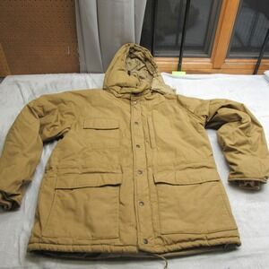 Cabelas Down Jacket Men Large Tan THICK Insulated Hood Canvas Rugged Hunting VTG